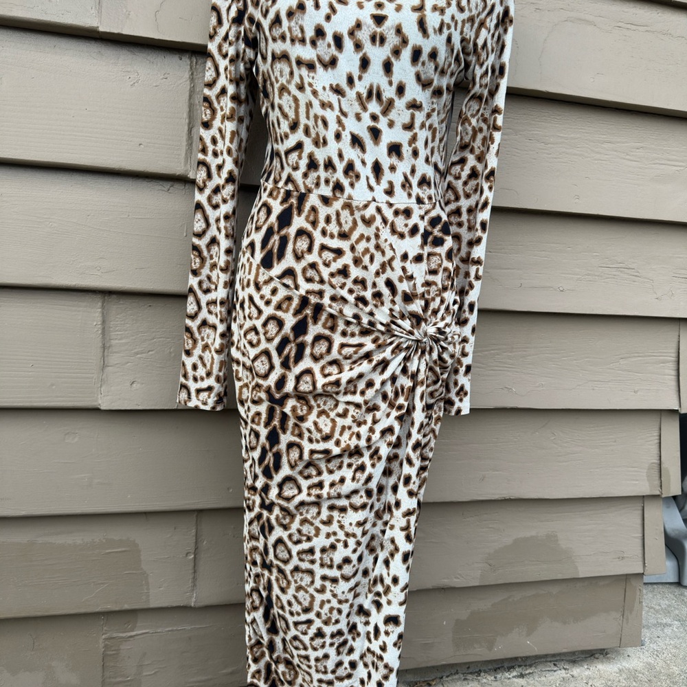 Leopard-Print Long Sleeve Midi Dress with Side Twist Detail